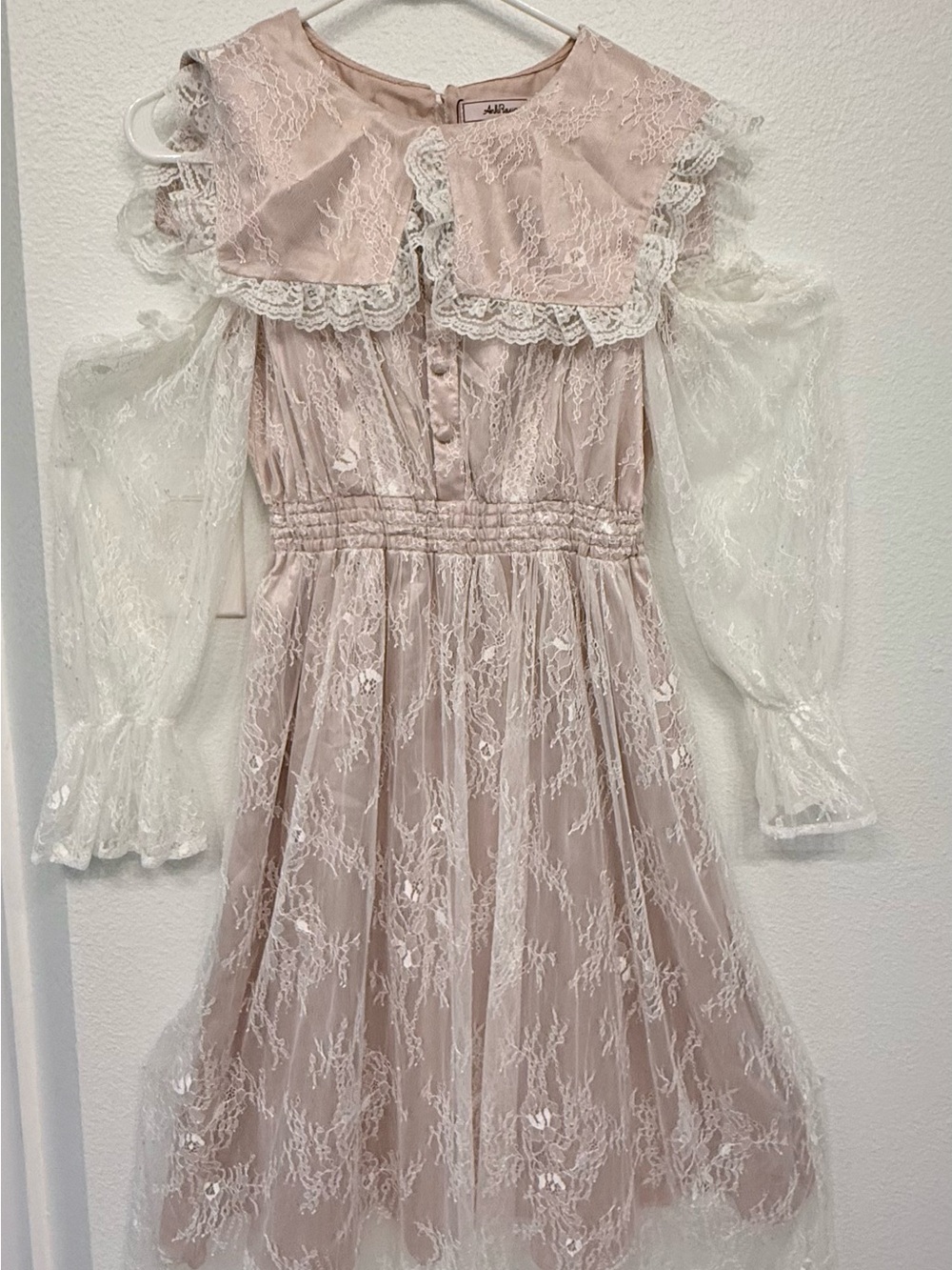 Ank Rouge Japan Pink White Lace Long Sleeve Midi Dress Size M NWT Kawaii